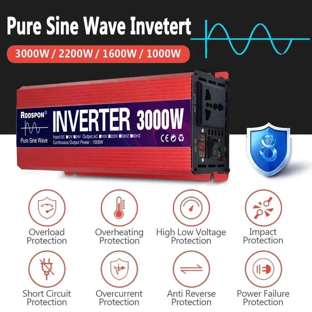 Pure Sine Wave Inverter Portable Power banks Converter DC 12v To AC 110V 220V Solar Inverter Peak Power 1000W 1600W 2000W 3000W