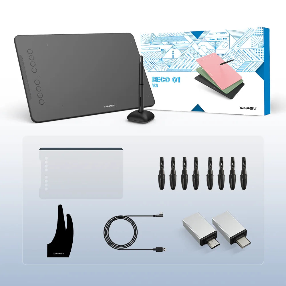 XPPen Deco 01 V2 10 Inch Drawing Tablet Graphics Digital Tablet Tilt Android Windows Mac 8 Shortcut Keys (8192 Levels Pressure)