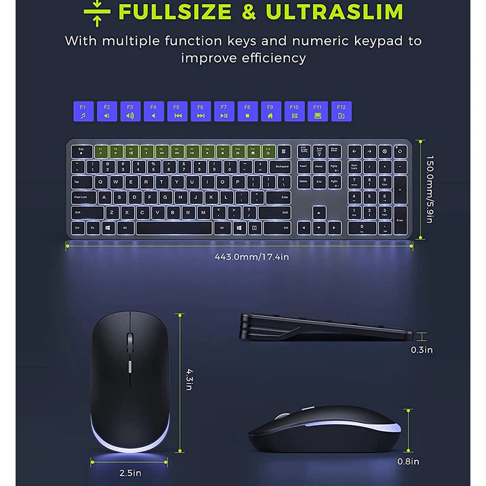 Wireless Keyboard and Mouse Combo 2.4G USB Silent Backlit Keyboard and Mouse Rechargeable Full-Size Slim Keyboard &amp; Mouse Set