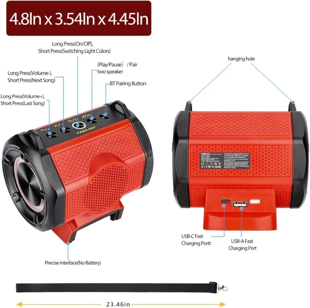 Portable Bluetooth Speaker Stero Player Cordless Loudspeaker Amplifier for Milwaukee 18V Li-ion Battery With USB Party Outdoor