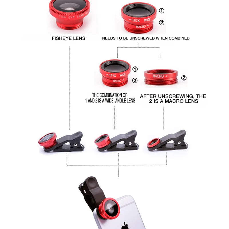 3in1 Fish Eye Lens 0.67X Wide Angle Zoom Fisheye Macro Lenses Camera Kits With Clip Universally Lens For iPhone 13 Xiaomi Huawei