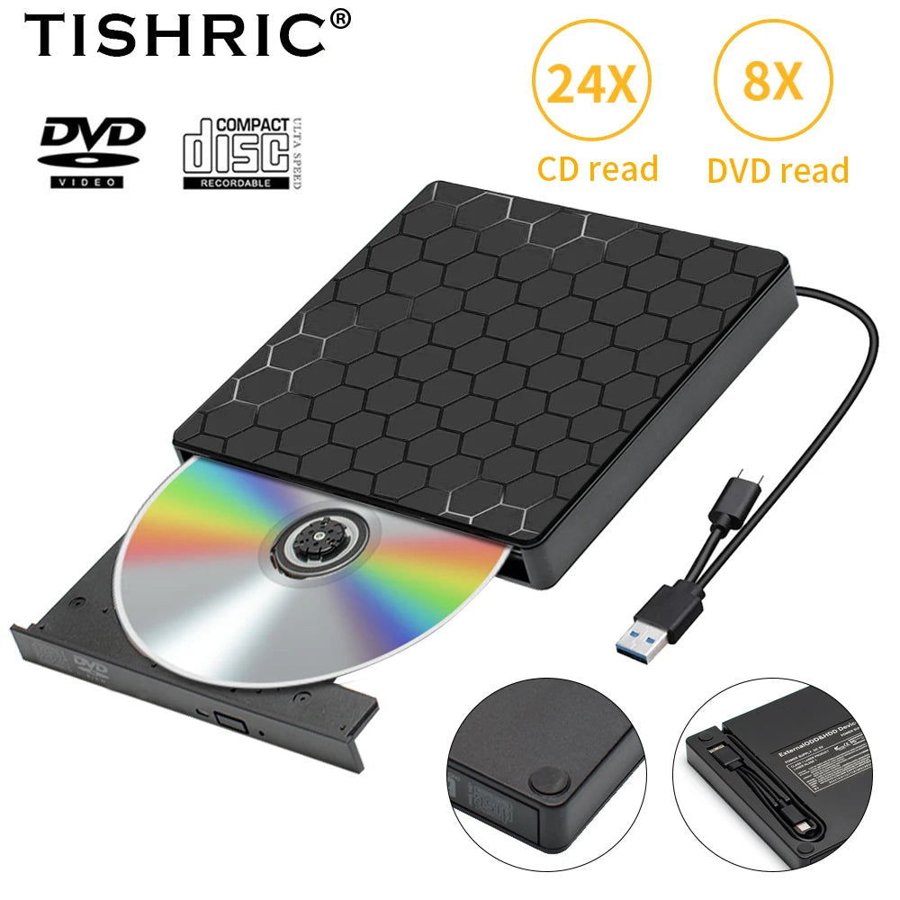 TISHRIC External CD DVD RW Optical Drive USB 3.0 Type C Reader Player DVD Can&#39;t Writer Super Drive For Laptop Desktop PC