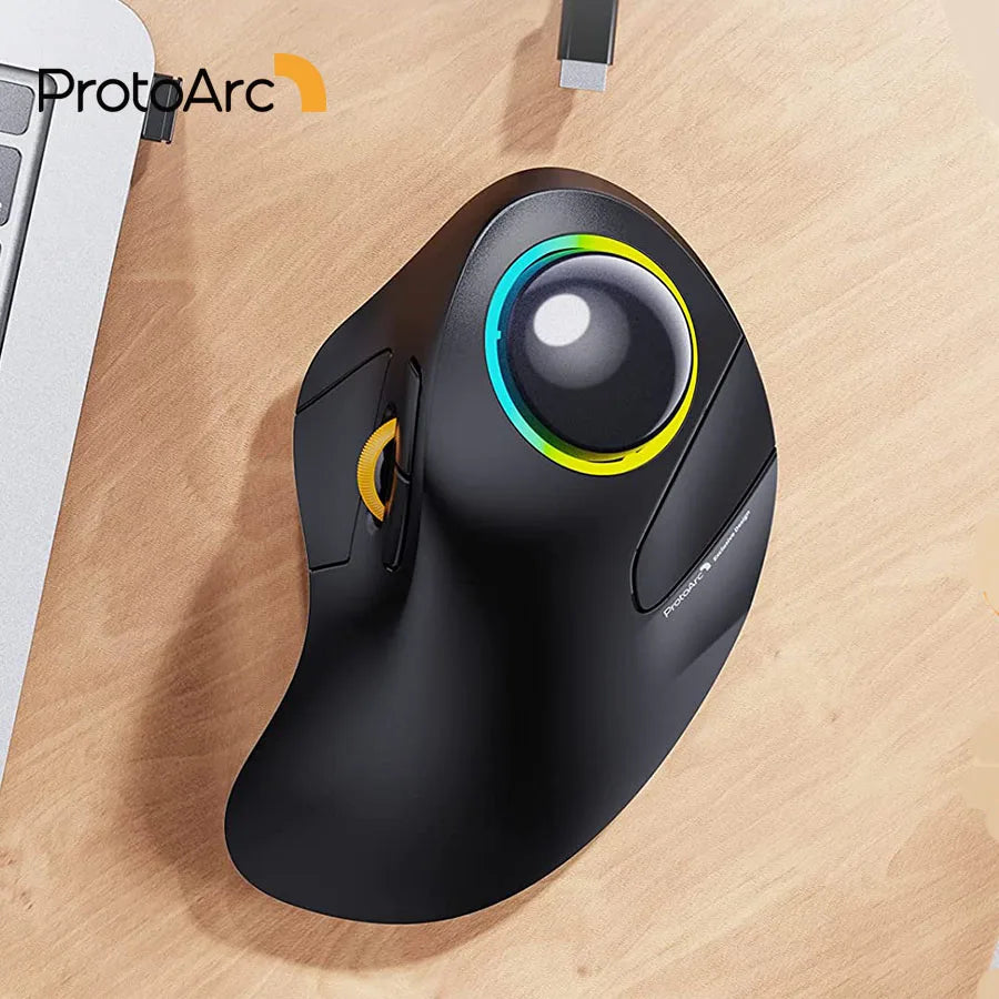 ProtoArc EM03 Wireless Bluetooth Trackball Mouse Rechargeable Ergonomic RGB Backlit Rollerball Mice for Windows Mac iPad