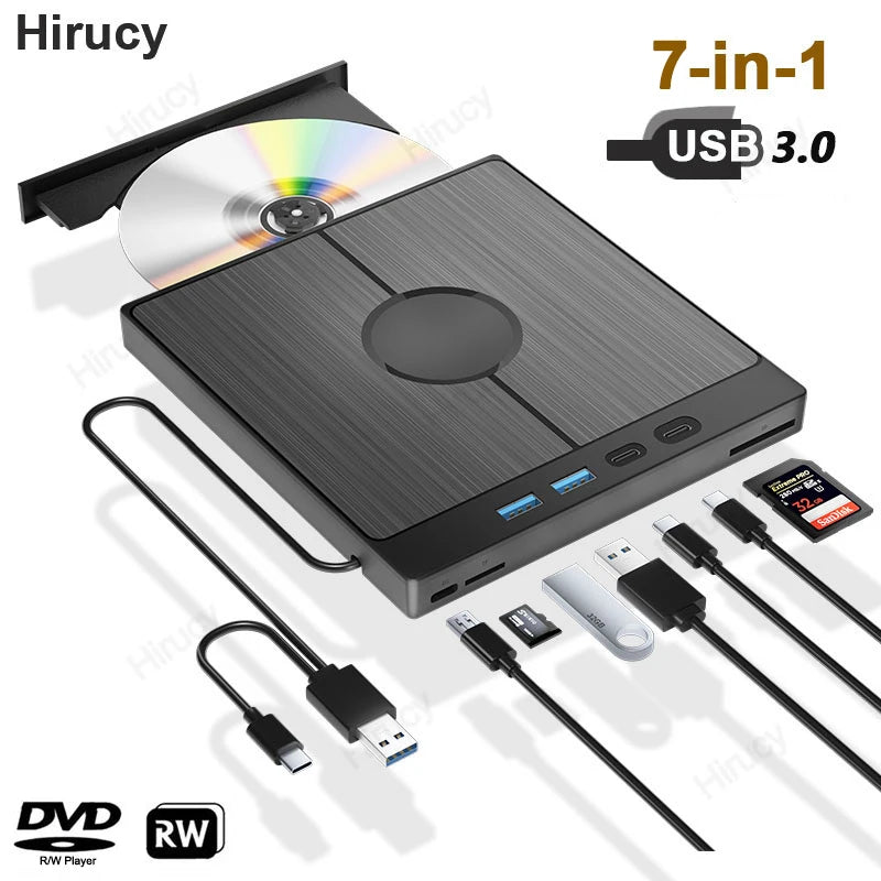 7-in-1 USB 3.0 Type C External CD DVD RW Optical Drive DVD Player Burner Reader Multi-Function Drive For Windows Mac PC Laptop