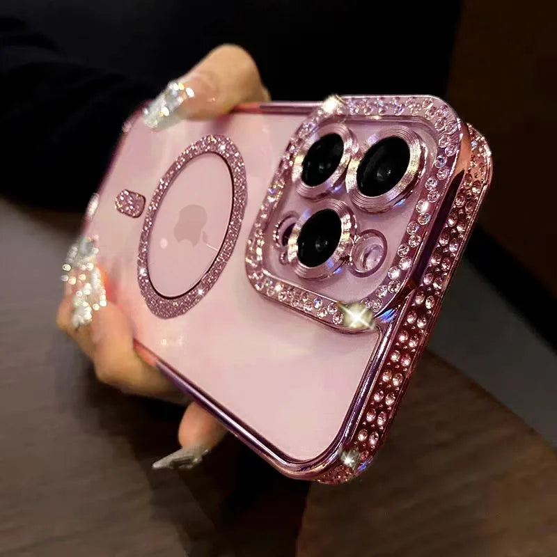 Magnetic Diamond Glitter Bling Case for iPhone 15 14 13 12 11 Pro Max Plus Rhinestone Electroplated Jewelled Transparent Cover
