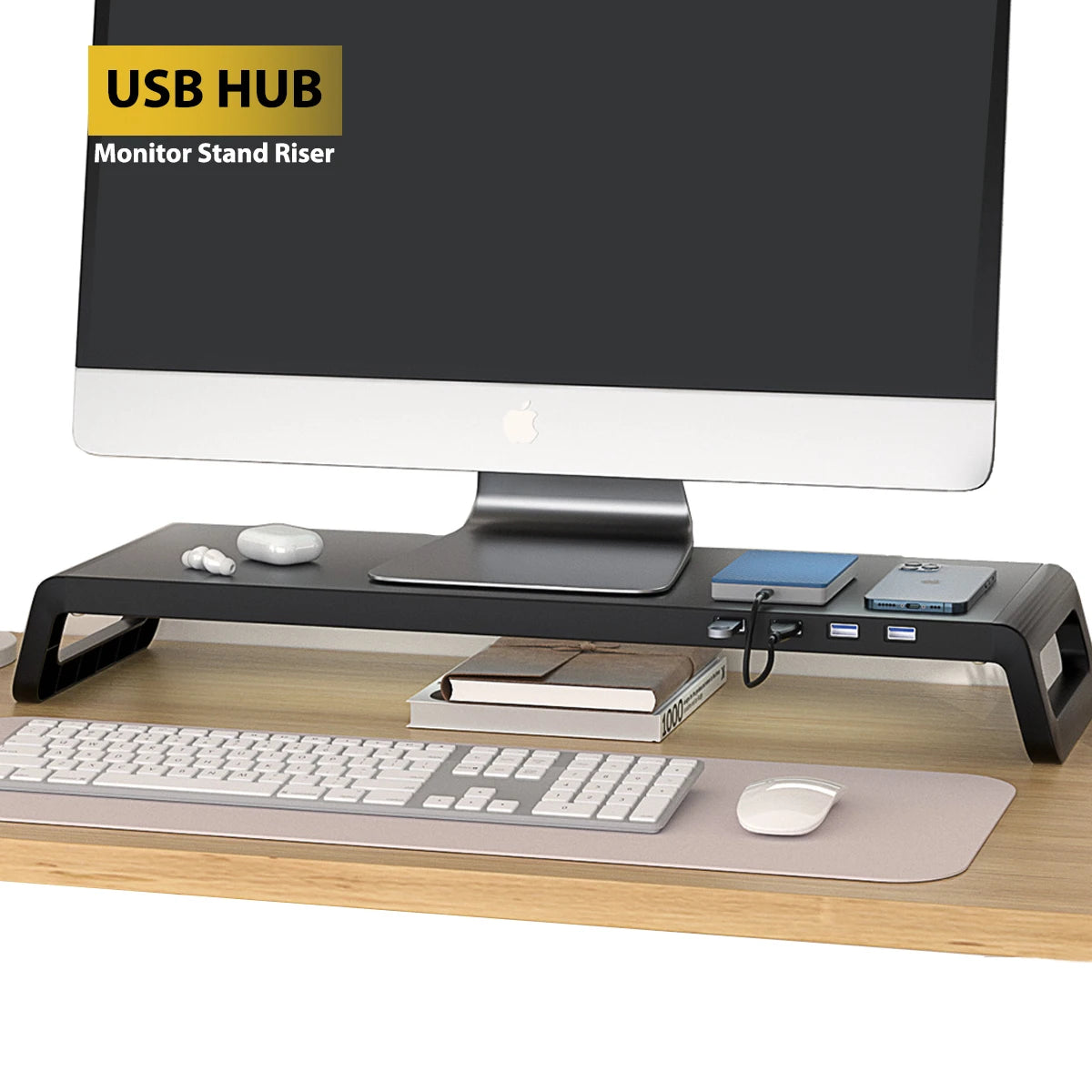 Monitor Desk Stand for Reduced Neck Strain ABS Legs Aluminium Monitor Riser with USB3.0 Hub PC Computer Laptop Desktop Organizer